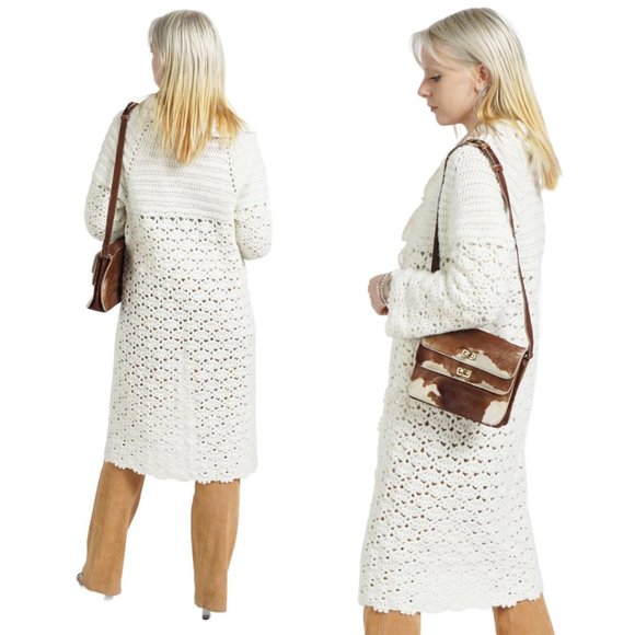 VINTAGE White Crochet Knitted Boho Long Cardigan - Picture 3 of 4